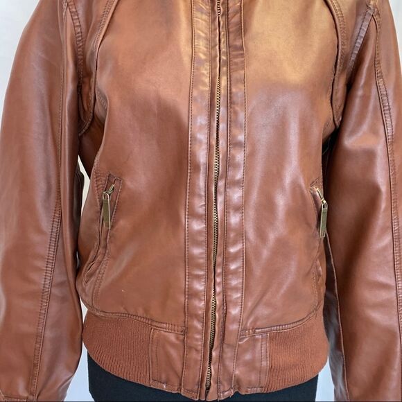 DOLLHOUSE Brown faux leather vegan high neck Moto jacket Sz L - Picture 6 of 11